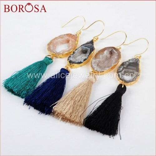 BOROSA Gold Color Natural Druzy Slice Rainbow Tassel Earrings, Mix Colors Handcrafted Tassel Drop/Dangle Earrings G1235