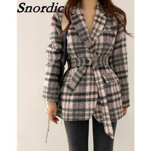2021 Women Autumn Winter Thick Plaid Blazer Wool Jacket Coat Waistbelt Single Breasted Woolen Overcoat Cotton Liner Outwear