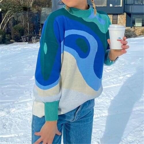 Striped Winter 2021 Oversized Knitted Y2K Women Pullover Sweater Tops Blue Tie Dye Long Sleeve Vintage Sweater Jumper