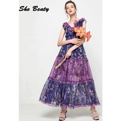 She Beaty Runway Designer Brand Summer Dress Women Sexy V-Neck Ruffles Sleeveless Purple Floral Printed High Waist Midi Dresses