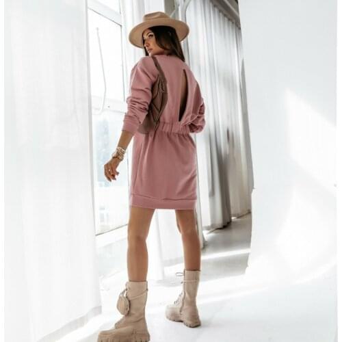 Women Fashion Hoodies Dress Casual O-neck Long Sleeve Sexy Backless Elasitc Waist Mini Dress Solid Loose Streetwear Autumn 2020