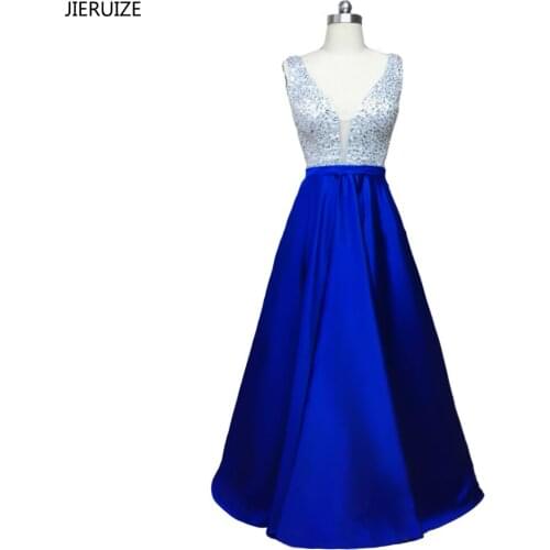 JIERUIZE Royal Blue Beaded Luxury Prom Dresses Long V-neck Evening Party Dresses Formal Dresses robe de soiree abendkleider