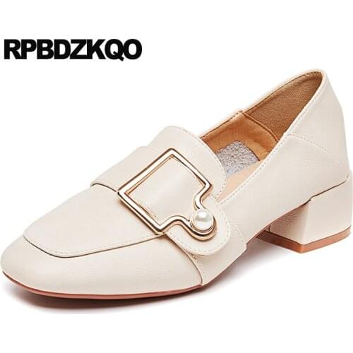 Pearl metal mules slipper women size 33 sandals pink thick square toe slip on shoes fashion ladies high heels pumps block beige