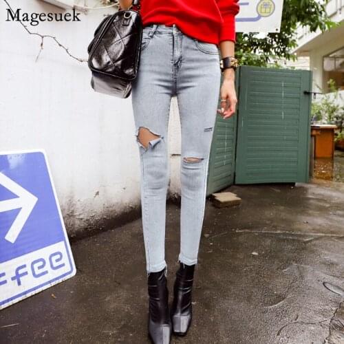New Fashion Vintage Skinny Blue Cotton Ripped Jeans For Women Streetwear Denim Women Trousers Hole High Waist Jeans Pants 10416