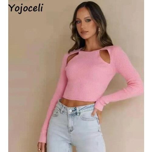 Yojoceli Autumn basic knitted skinny jumper womne Winter casual pink sweater pullover Sexy hollow out girls sweater warm tops