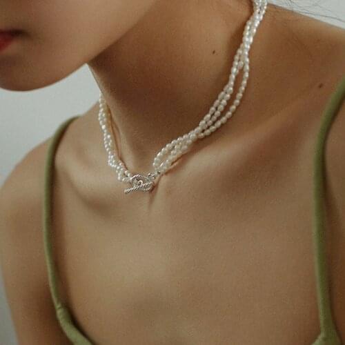 Amaiyllis Simple Three Layer OT Buckle Pearl Beads Necklace Female Retro Fashion Freshwater Pearl Necklace For Women