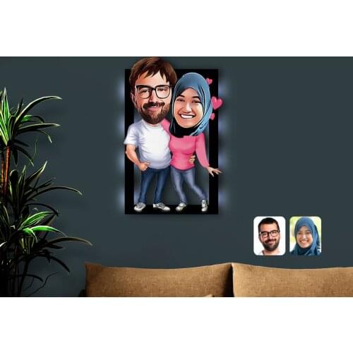 Personalized Valentine Caricature OF 3D Led Light Wood Tablo-58