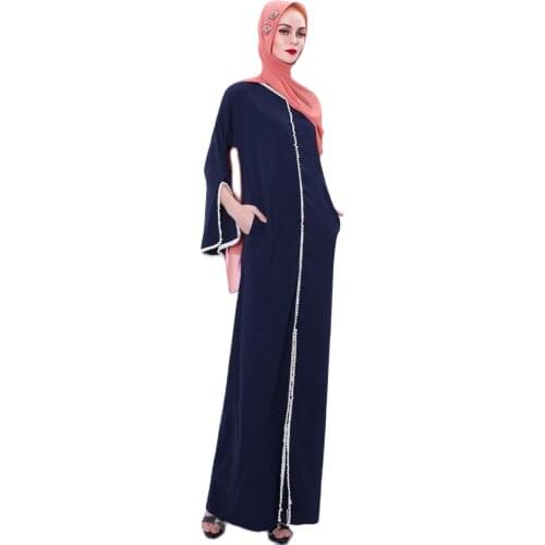 Islamic Womens 2021 Summer New Pure Color Elegant Pearl Long Skirt Muslim Female Trumpet Sleeve Robe