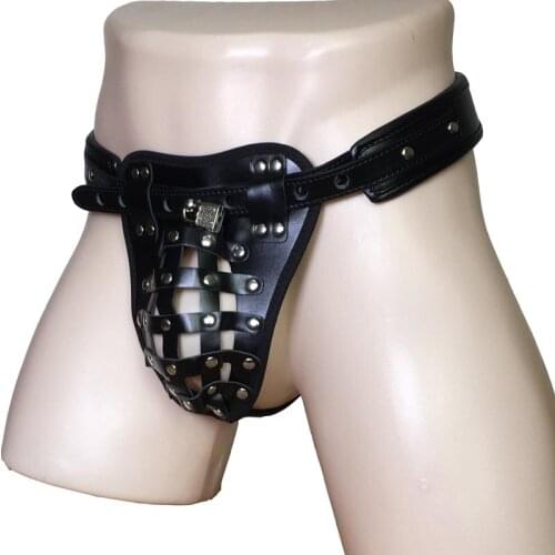 Men PU Leather Bulge Pouch Cage Chastity Underwear Erection Restraint Harness with Metal Studs Bondage Gear Sex Products