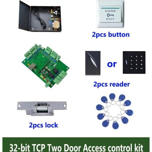 RFID 32-bit access control kit,TCP/ip two door access control+powercase+strike lock +ID reader+exit button+10 ID tag,sn:kit-T201