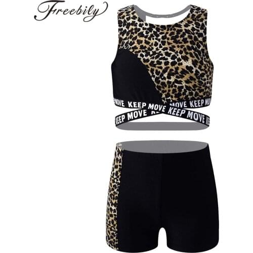 Kids Girls Leopard Yoga Sets 2Pcs Sports Suit Outfits Tracksuits Crop Vest and Shorts Set Fitness Dance Gym Workout Sportswear