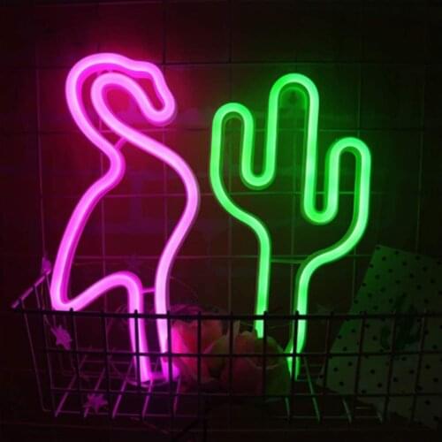 Cactus Shaped Flamingo LED Home Rooms Decorative Lighting Neon Sign Night Light USB Battery Powered Holiday Party Art Lamp Gift