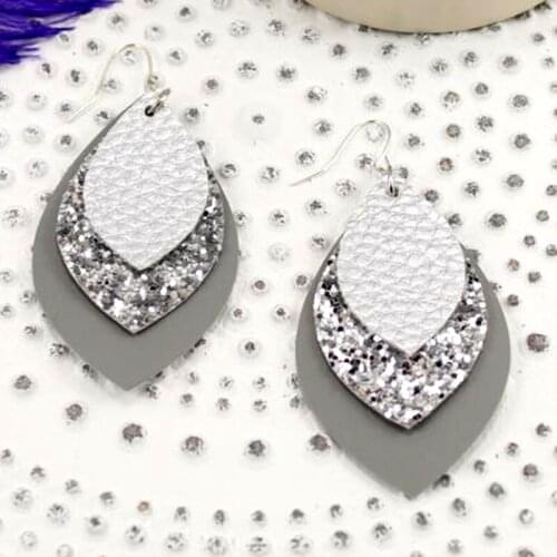 Three Layers Silver Glitter Teardrop Earrings Faux Leather Earrings