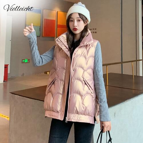 Vielleicht Fashion 2021 New Autumn Winter Short Cotton Vest Women Jacket Glossy Sleeveless Coat Warm Ladies Winter Waistcoat