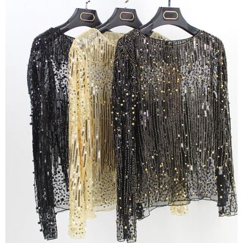 High Street Runway Women Tunic Sexy Long Sleeve Perspective Gauze Mesh Lace Shirt Sequined Bead Diamond Embellished Blouse Top