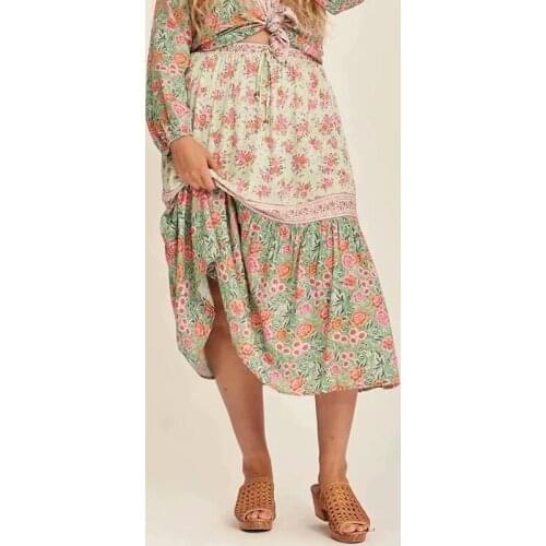 Green Sweet Party Wear Floral Print Long Skirts Women Elastic Waist Cotton Boho Summer Beach Ladies Vacation Plus 2021