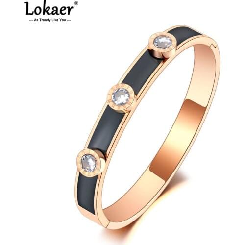 Lokaer Luxury Roman Numerals Cuff Bangles For Women Rose Gold Cubic Zirconia Love Titanium Stainless Steel Bracelets B21017