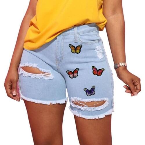 Sexy Hollow Out Ripped Jean Shorts Women Summer 2021 Fashion High Waist Tassel Butterfly Shorts