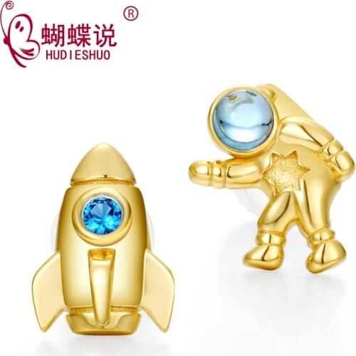 Women 925 Sterling Silver Irregular Stud Earrings Cute Astronaut & Rocket Embellish with Blue Topaz & Blue Zircon