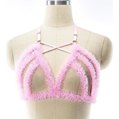 Sexy Harness Pink Lace Lingerie Suspender Belt kawaii Cage Bra Harajuku Goth Bondage Body Harness Woman Edgy Wedding Bra