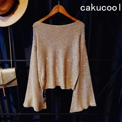 Cakucool Women Spring Beaded knit Tops Shiny Sequin Sweaters Slash Neck Flare Sleeve Gold Lurex bling Slim Jumper Pullovers Lady