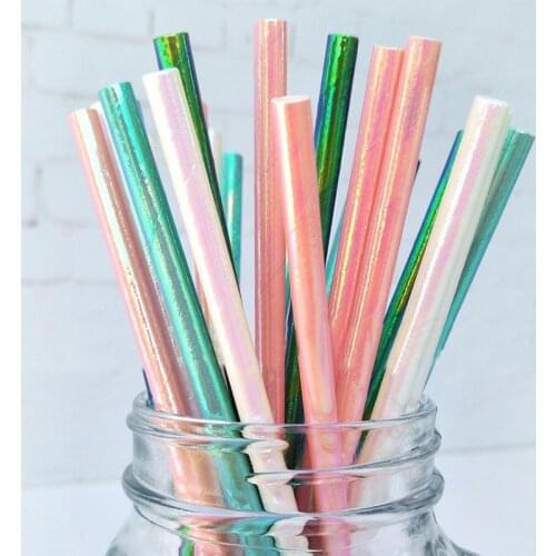 100Pcs Pearlescent Bronzing Paper Straws Pink Green Iridescent Drinking Straws Wedding Birthday Party Decoration Baby Shower Kid