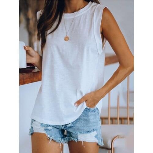 2020 Women Fashion Summer White Round Neck Sleeveless Casual Top