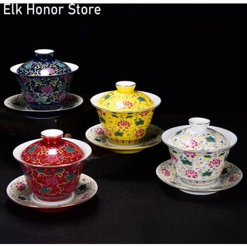 205ml Colored Enamel White Ceramic Sancai Gaiwan Single Teacup Exquisite Enamel Tea Tureen Kung Fu Household Porcelain Teaware