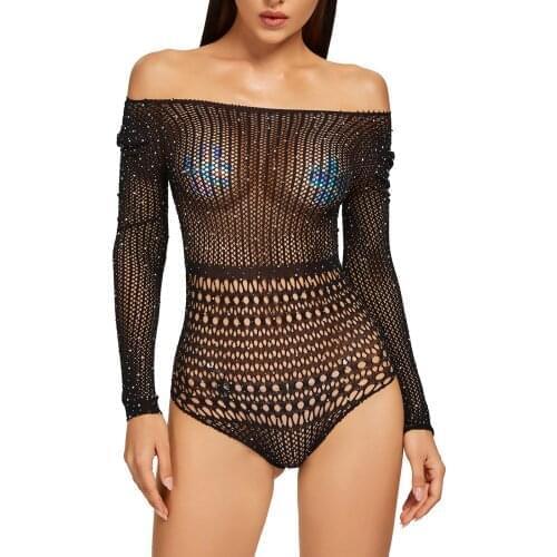 Black Hollow Out Fishnet Rhinestone Decor Bodysuit Nightwear See-through Mesh Long Sleeve Leotard Underwear for Women