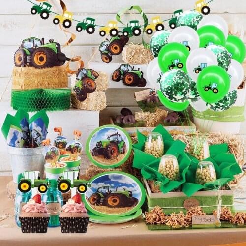 Farm Green Theme Happy Birthday Banner Latex Balloon Tractor Engineering Vehicle Childrens Birthday Party Decoration Balloon