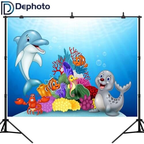 DePhoto Photography Backdrop Seabed Coral Dolphin Fairy Tale Dreamy Birthday Party Photo Shoot Photocall Printed Photobooth