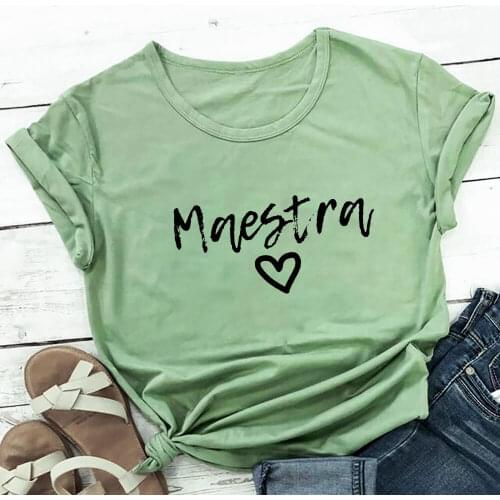 Maestra Heart 100%Cotton Bilingual Teacher Shirt Summer Womens T Shirt Casual O-Neck Short Sleeve Top Spanish Tees Teacher Gift