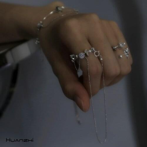HUANZHI 2020 New Trend Punk Silver Colour Metal Zircon Long Tassel Ring for Women Girls Party Jewelry Hip Hop Cool Gifts
