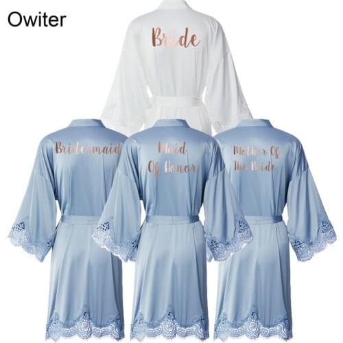 Matt Satin Lace Robe with Trim Gown Women Wedding Bride Robe Bridesmaid Robes Kimono Robe Bridal Robes Dusty Blue