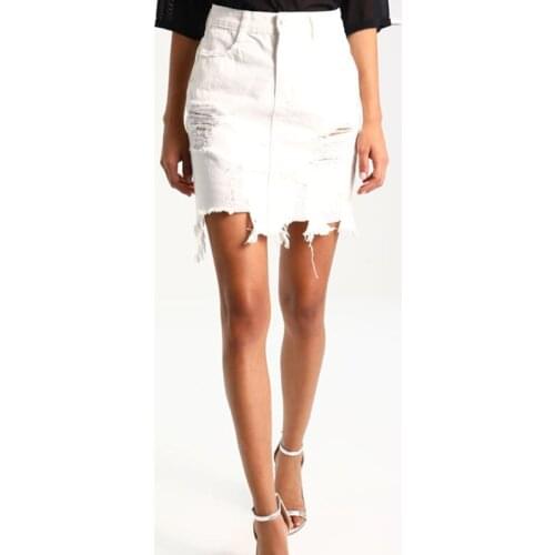 Mini Skirt Denim Tassel Women Irregular Ripped Jeans Distressed Frayed Edge Short Skirts Bodycon High Waist Streetwear White xs
