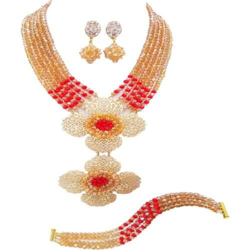 Fashion Gold AB Opaque Red Nigerian Wedding African Beads Jewelry Set Crystal Beaded Necklace Bridal Party Jewelry Sets 6DHJZ004