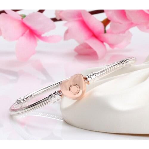 Authentic 100% 925 Sterling Silver Rose Gold Heart-shaped Buckle Snake Bone Chain Bangle & Bracelet Luxury Jewelry