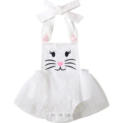 Baby Girls Casual Romper, White Rabbit Printed Pattern Boat Neck Sleeveless One-piece