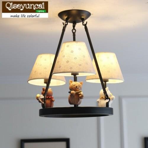 Qiseyuncai American cartoon LED child chandelier boy girl bedroom jacquard cloth cover home improvement lighting