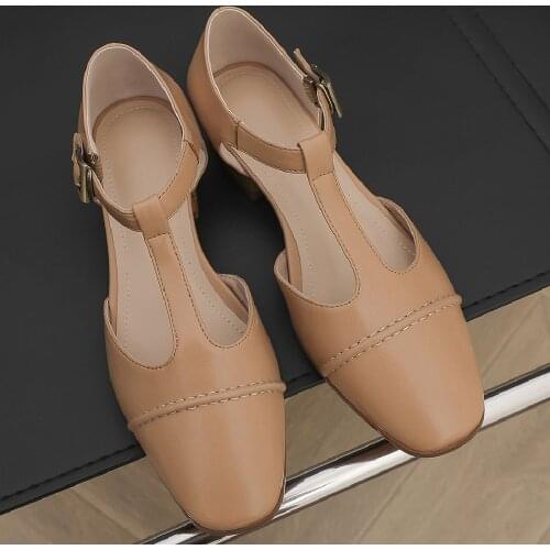 Womens genuine leather t-strap flats single shoes round toe leisure soft comfortable student style daily shoes for women sale