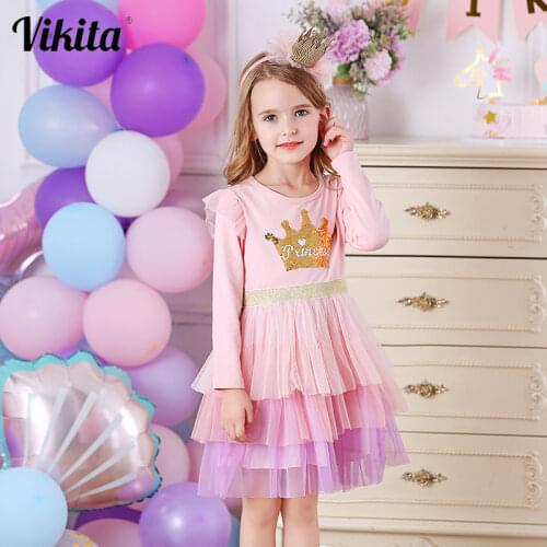 VIKITA Kids Princess Dress for Girl Children Tutu Mesh Dress Kids Reversible Sequins Girl Crown Pattern Children Autumn Clothing