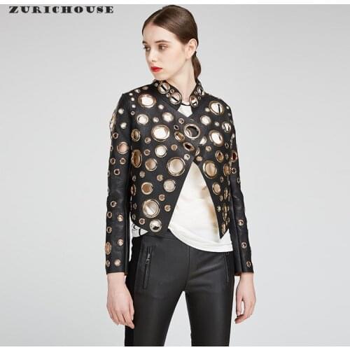 ZURICHOUSE Streetwear Leather Jacket Women Personality Rivet Metal Circle Hollow Out Design Real Cowhide Short Moto Biker Jacket