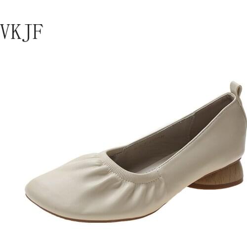 Shoes Womens Sneakers Casual 2021 Heels Shallow Lace-Up Solid Pleated Med Rubber Leisure Spring PU Basic Square Toe Retro