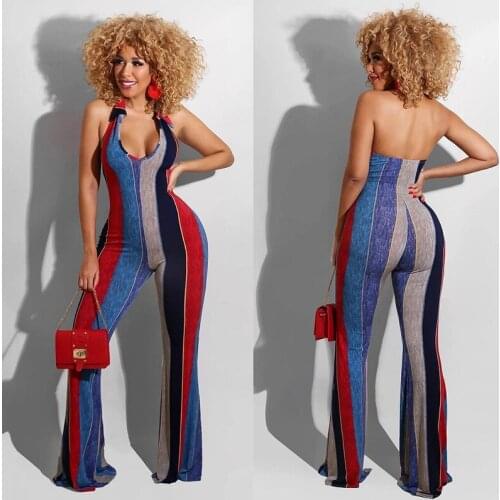 Women Summer Rompers Stripe Tied Halter Neck Sleeveless Backless Flared Jumpsuit for Female Ladies Casual Clothes 2021 New