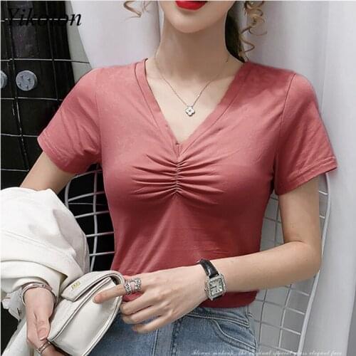 Womens Shirts Female T-Shirt For Work Summer Cotton Fashion V-Neck Shirring Sexy 2021 Basic T Shirts Casual Solid Color Tee Top