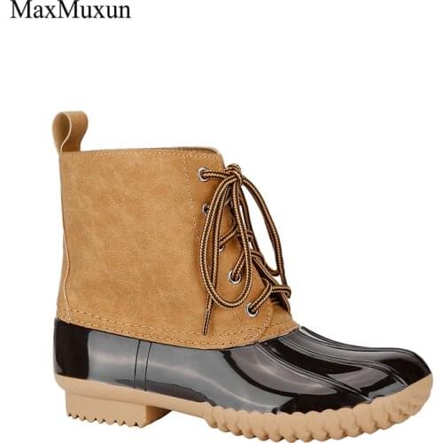MaxMuxun Snow Boots Women Winter Lacing PU Stitching Rubber Ankle Rain Boots Casual Booties Waterproof Slip On Chunky Footwear
