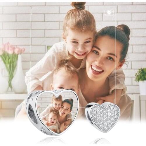 ELESHE Genuine 925 Sterling Silver Dazzling Crystal Heart Shape Charm Customize Photo Bead Fit Women Bracelet Jewelry Making