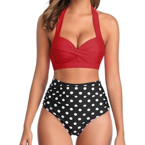 Women Swimwear Sexy Push Up Halter High Waist Printing Pleated Front Women Two Piece Swimsuit Two-Piece Suits 2021
