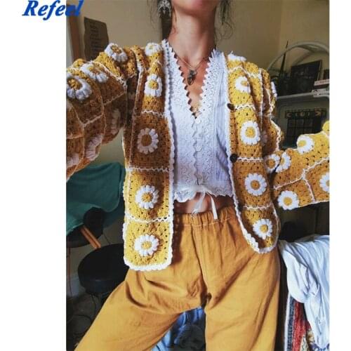 Women Fashion Floral Embroidery Cropped Handmade Knitted Cardigan Sweater Vintage Long Sleeve Female Outerwear Chic Tops