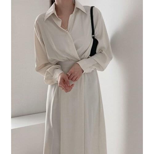 2021 New Women Spring Retro Long Wrap Shirt Dress Elastic Waist Full Sleeve Lapel Collar A-line Maxi Dresses